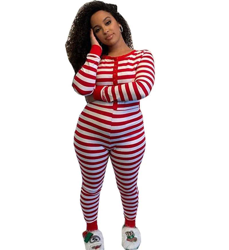 Sexy Christmas Pajamas for Women, Bodycon Romper Jumpsuit, Striped Print Loungewear, Long Sleeve Sleepwear Playsuit