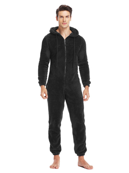 Cozy Men's Winter Fleece Pajama Onesie, Soft Plush Hooded Jumpsuit, Warm One Piece Romper