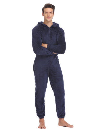 Cozy Mens Winter Fleece Pajama Onesie Soft Plush Hooded Jumpsuit Warm One Piece Romper 1