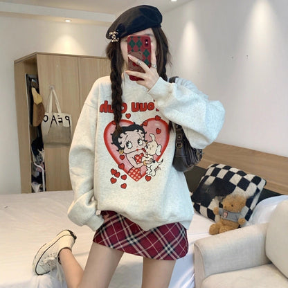 Loose Comfortable Design Womens Hoodless Sweatshirt Mid Length Lazy Style Versatile Outerwear Top A 2