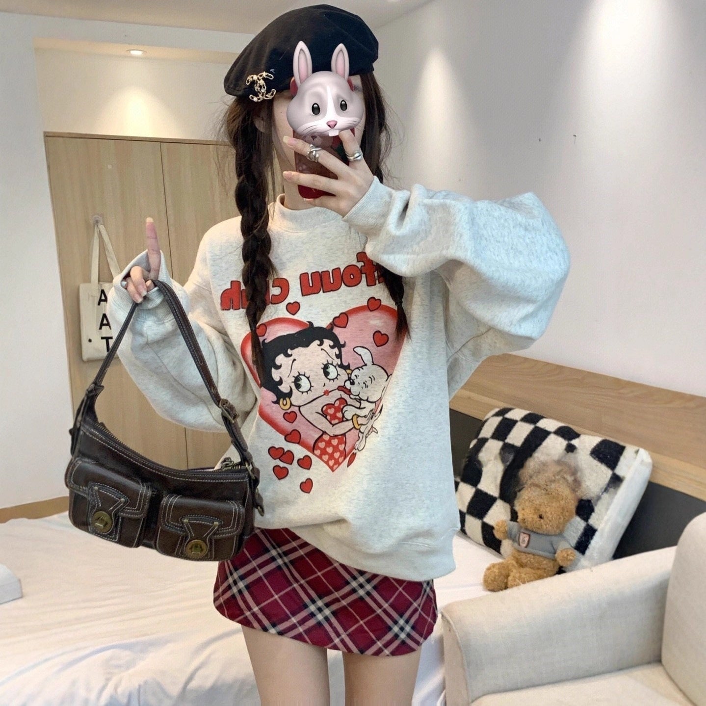 Loose Comfortable Design Womens Hoodless Sweatshirt Mid Length Lazy Style Versatile Outerwear Top A 3