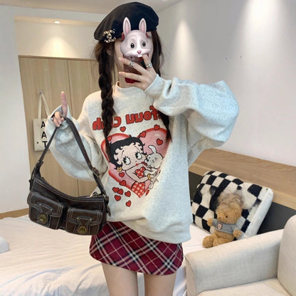 Loose Comfortable Design Womens Hoodless Sweatshirt Mid Length Lazy Style Versatile Outerwear Top A 3