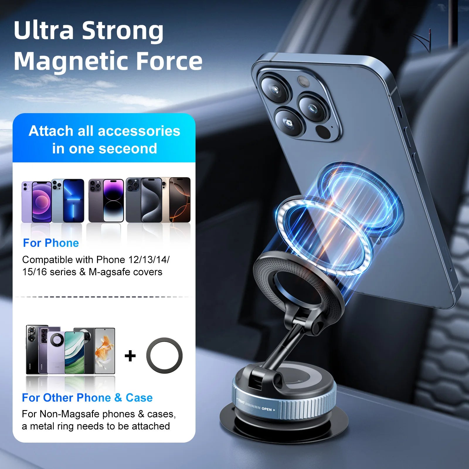 Mechanical Vacuum Suction Cup, Car Phone Magnetic Stand, Universal Navigation Holder, 360 Degree Rotating Bracket