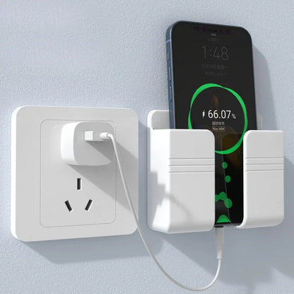 White Wall Phone Holder, Punch Free Mobile Charging Stand, Lazy Sticky Remote Storage Box, Wall Mount Organizer