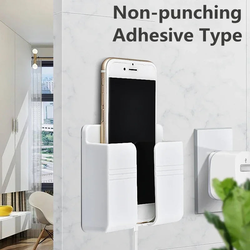 White Wall Phone Holder, Punch Free Mobile Charging Stand, Lazy Sticky Remote Storage Box, Wall Mount Organizer