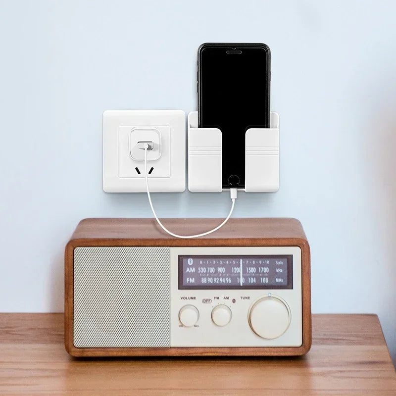 White Wall Phone Holder, Punch Free Mobile Charging Stand, Lazy Sticky Remote Storage Box, Wall Mount Organizer