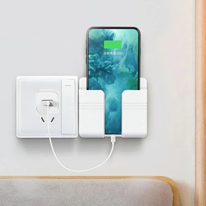 White Wall Phone Holder, Punch Free Mobile Charging Stand, Lazy Sticky Remote Storage Box, Wall Mount Organizer