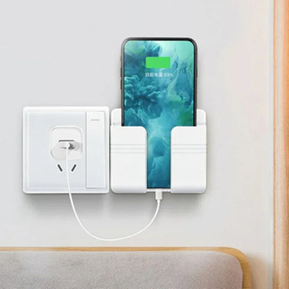 White Wall Phone Holder, Punch Free Mobile Charging Stand, Lazy Sticky Remote Storage Box, Wall Mount Organizer