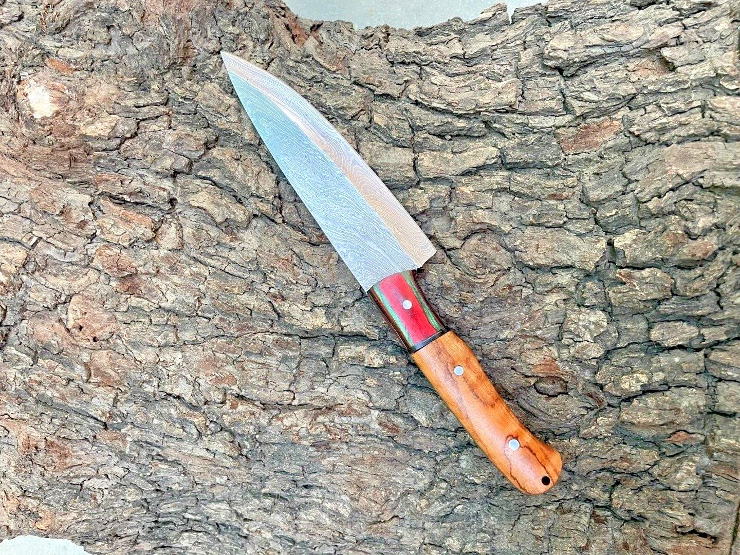 HandForged Damascus Kitchen Knife With Wooden Handle  Sheath 1