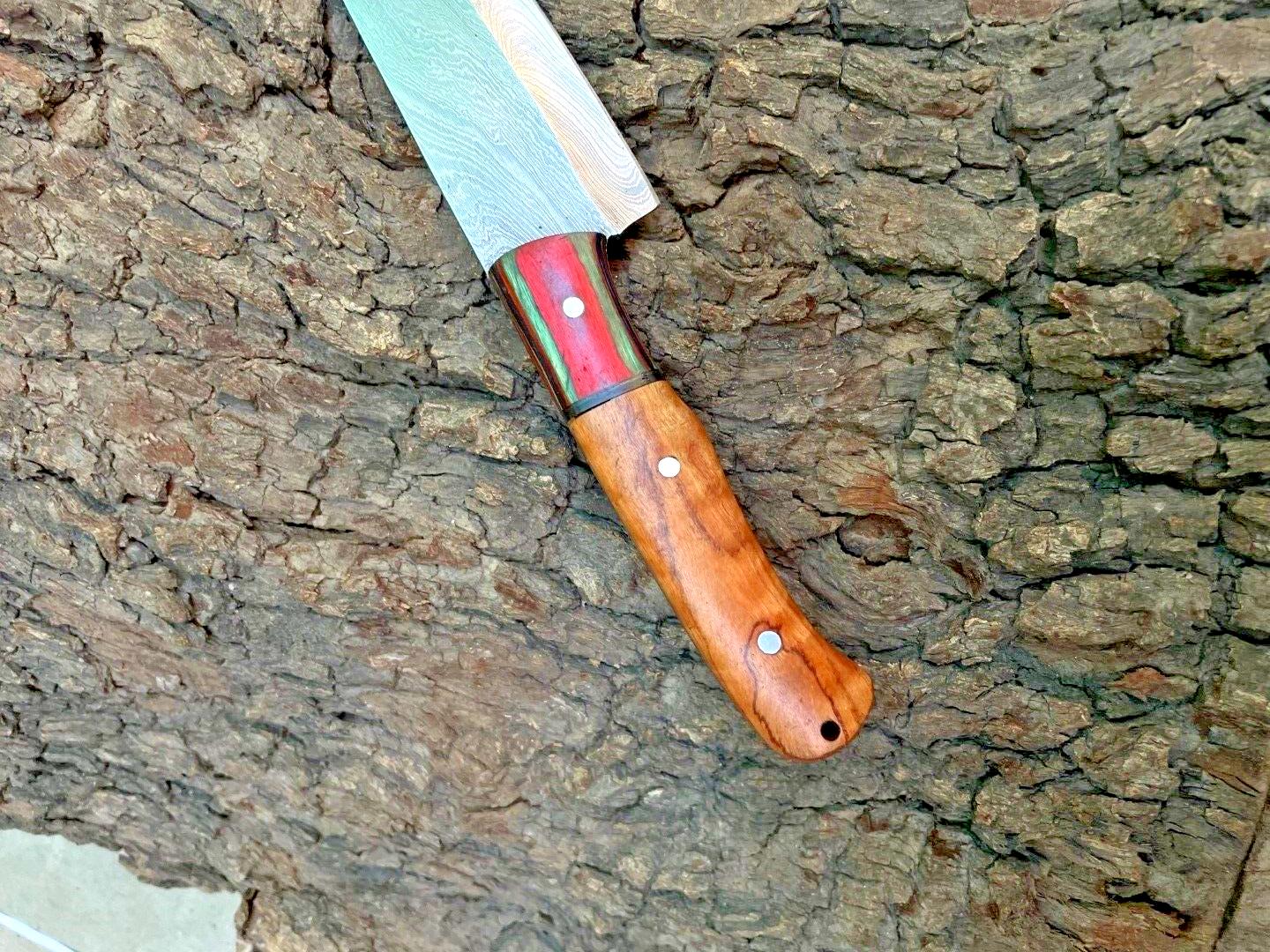 HandForged Damascus Kitchen Knife With Wooden Handle  Sheath 3