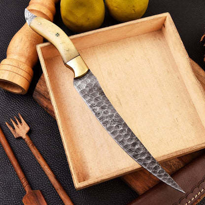 Custom Forged Damascus Steel Chef Fillet Kitchen Knife With Camel Bone Handle And Leather Sheath 1