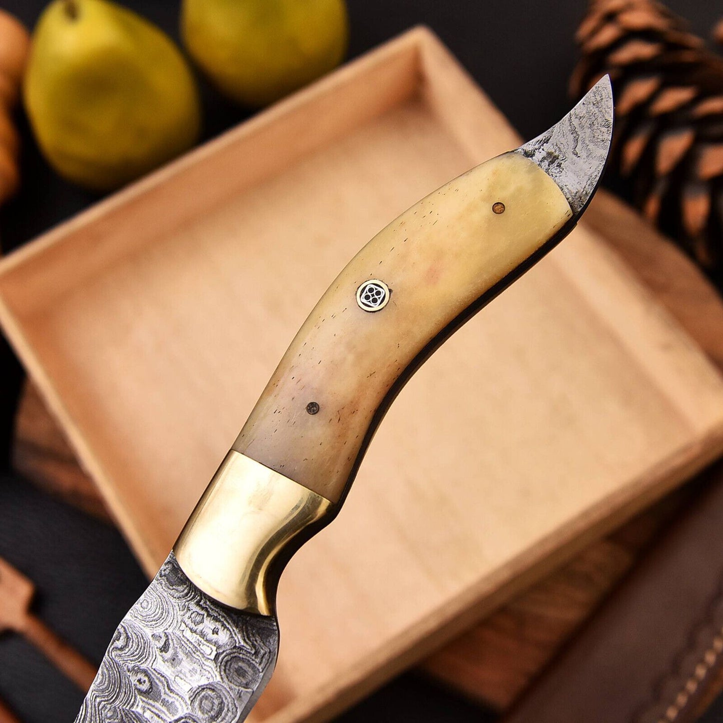 Custom Forged Damascus Steel Chef Fillet Kitchen Knife With Camel Bone Handle And Leather Sheath 3