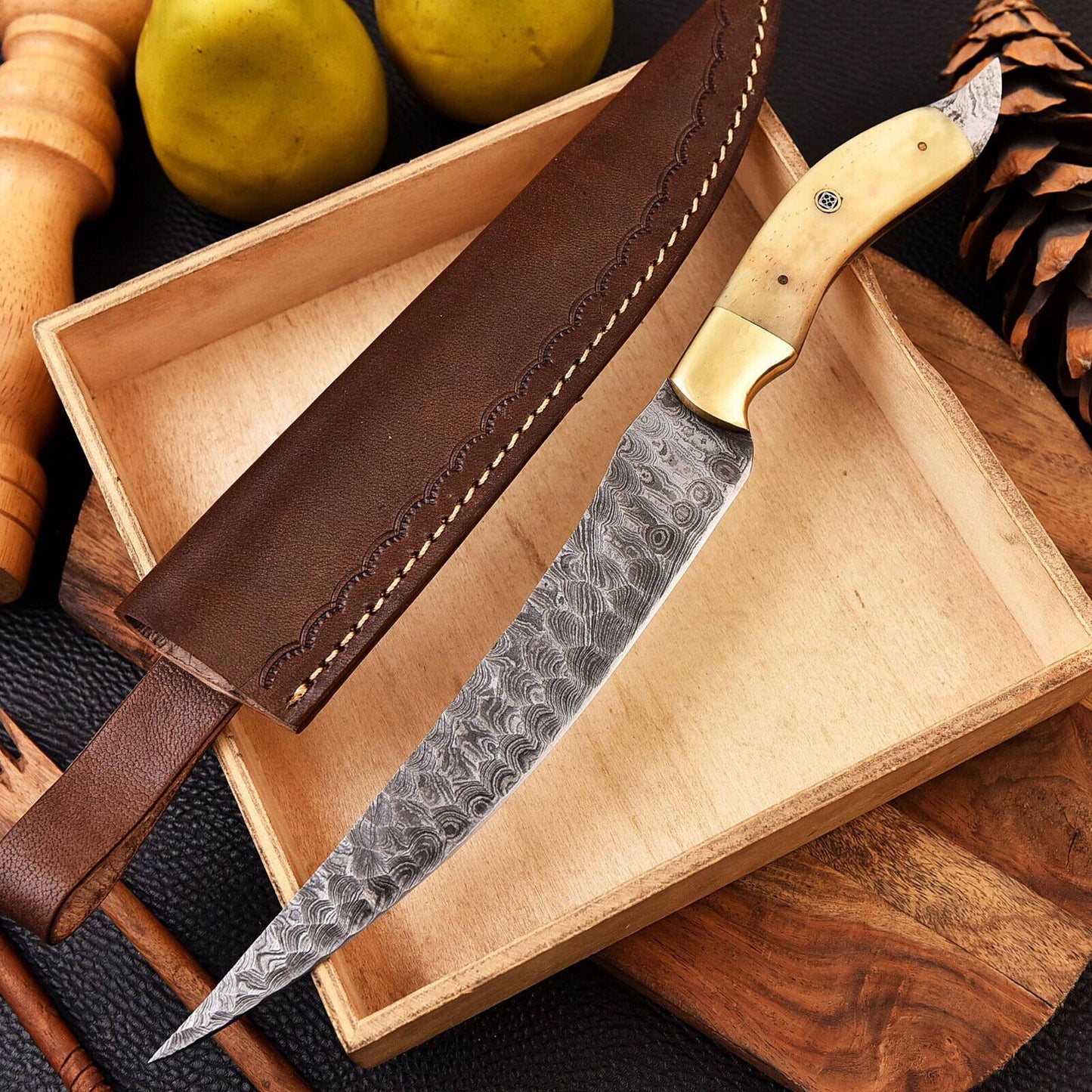 Custom Forged Damascus Steel Chef Fillet Kitchen Knife with Camel Bone Handle and Leather Sheath