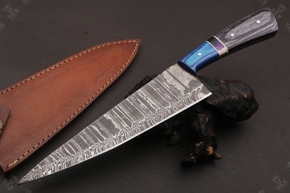 Custom Forged Damascus Kitchen Knife with Brass & Bone Handle