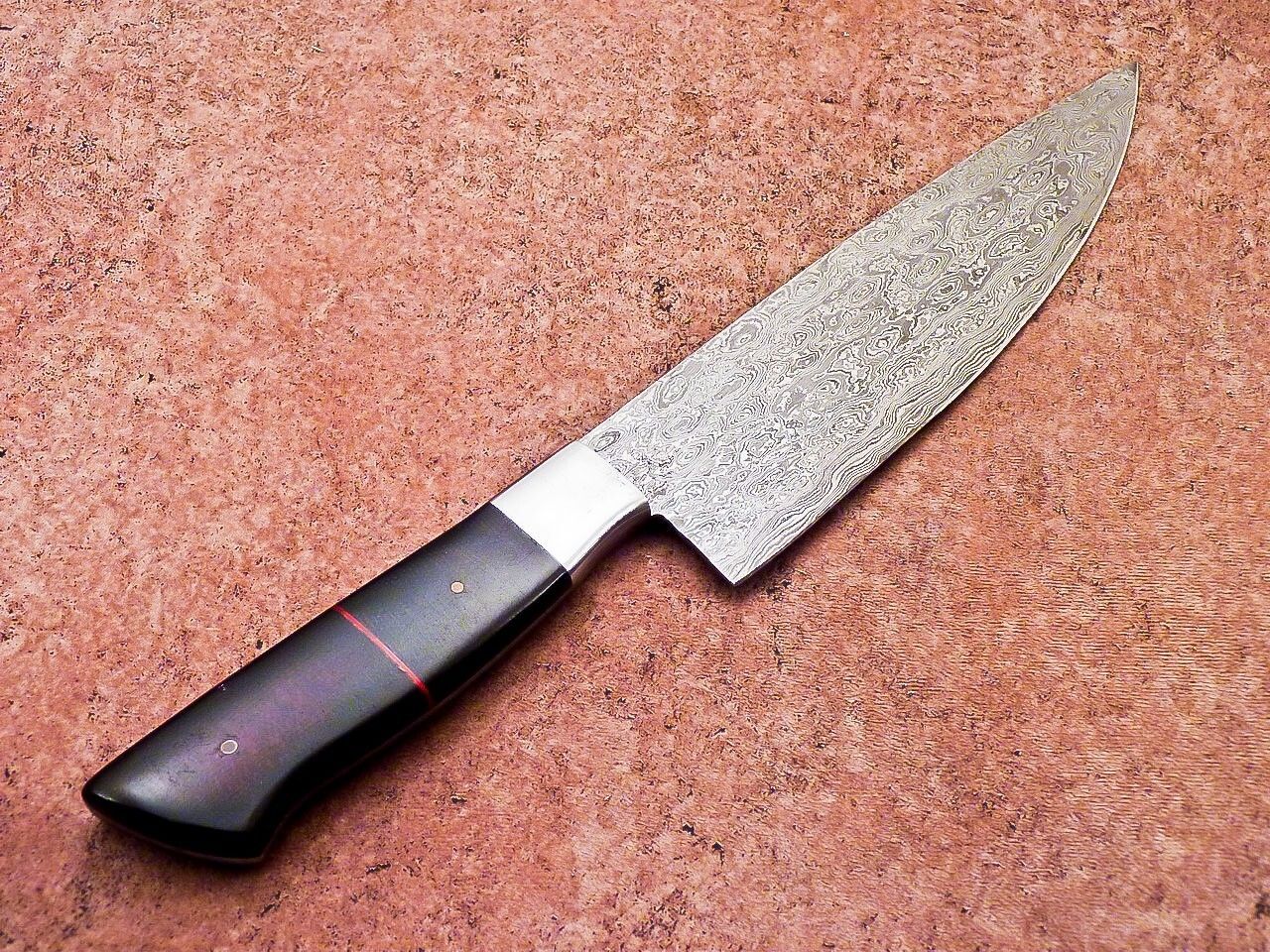 Custom Forged Damascus Kitchen Knife  Resin Handle  Leather Sheath 1