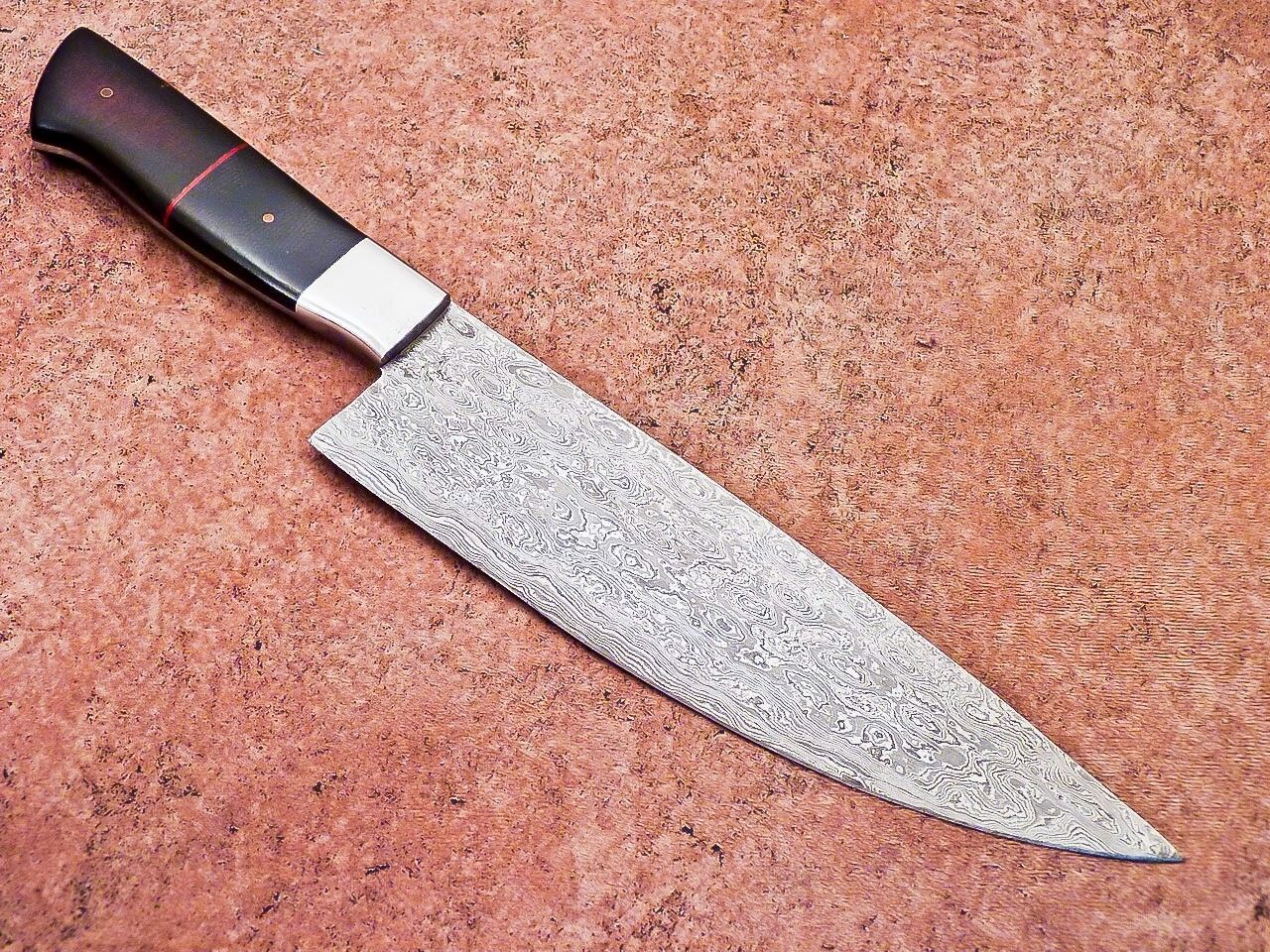 Custom Forged Damascus Kitchen Knife  Resin Handle  Leather Sheath 2