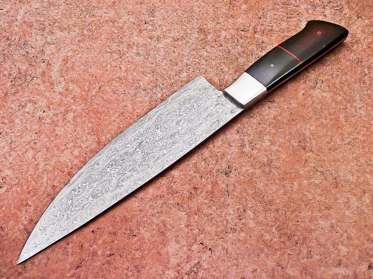 Custom Forged Damascus Kitchen Knife  Resin Handle  Leather Sheath 3