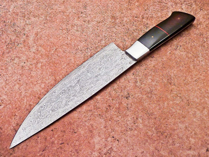 Custom Forged Damascus Kitchen Knife  Resin Handle  Leather Sheath 3