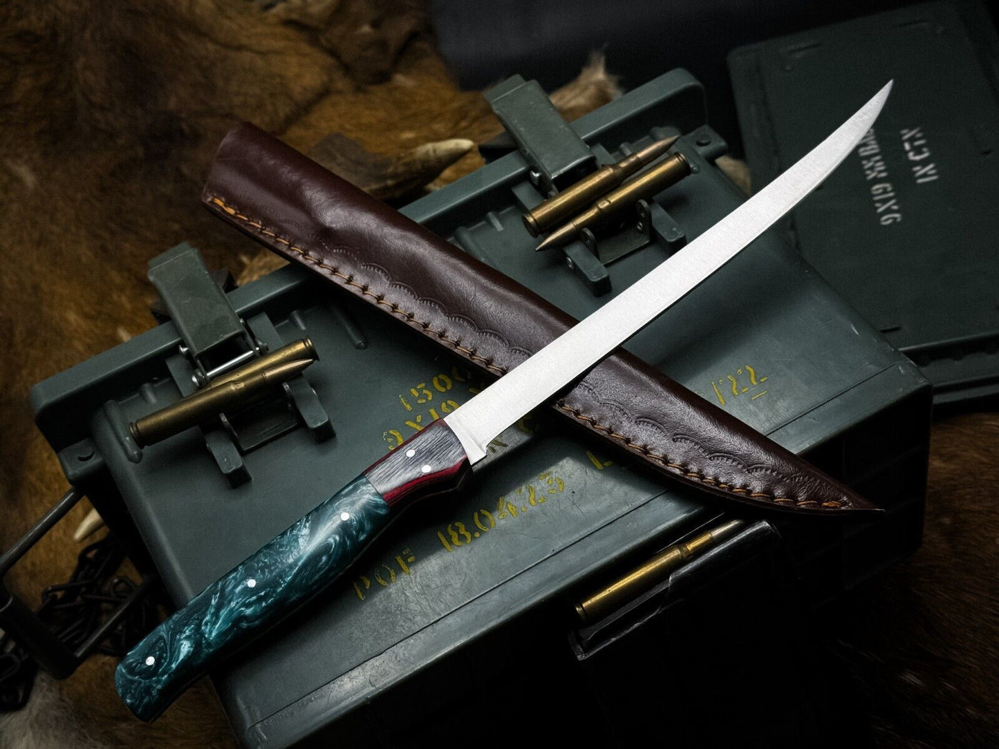 Handmade J2 Steel Chef Fillet Knife With Acrylic Handle  Leather Sheath 1
