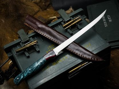 Handmade J2 Steel Chef Fillet Knife With Acrylic Handle  Leather Sheath 1