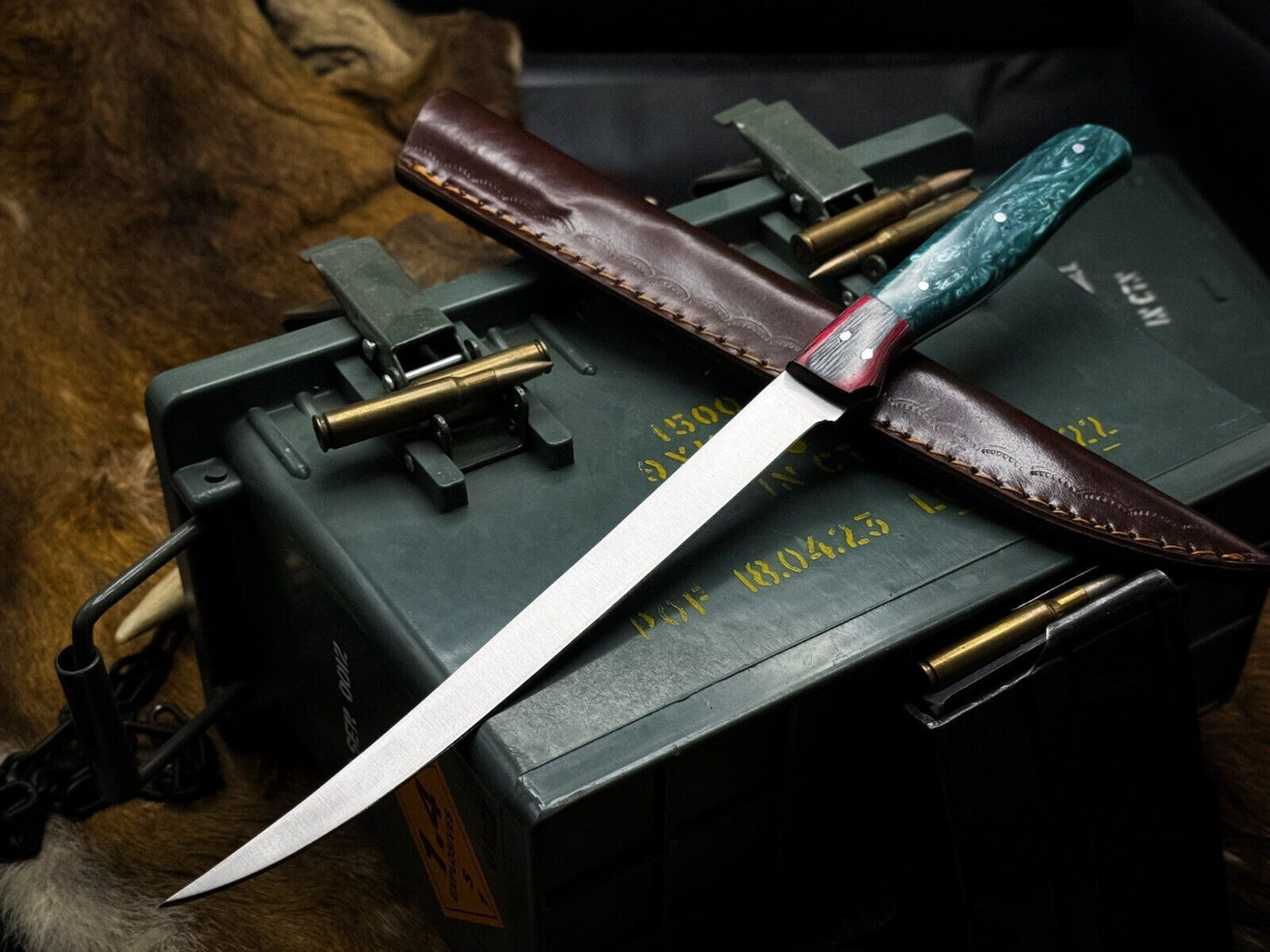 Handmade J2 Steel Chef Fillet Knife with Acrylic Handle & Leather Sheath