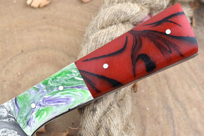 Handcrafted Damascus Blade Knife  Vibrant Resin Handle  Sheath 1