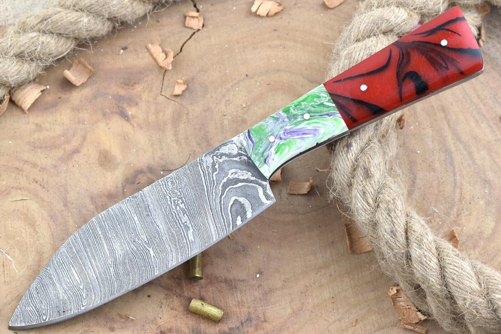 Handcrafted Damascus Blade Knife  Vibrant Resin Handle  Sheath 3