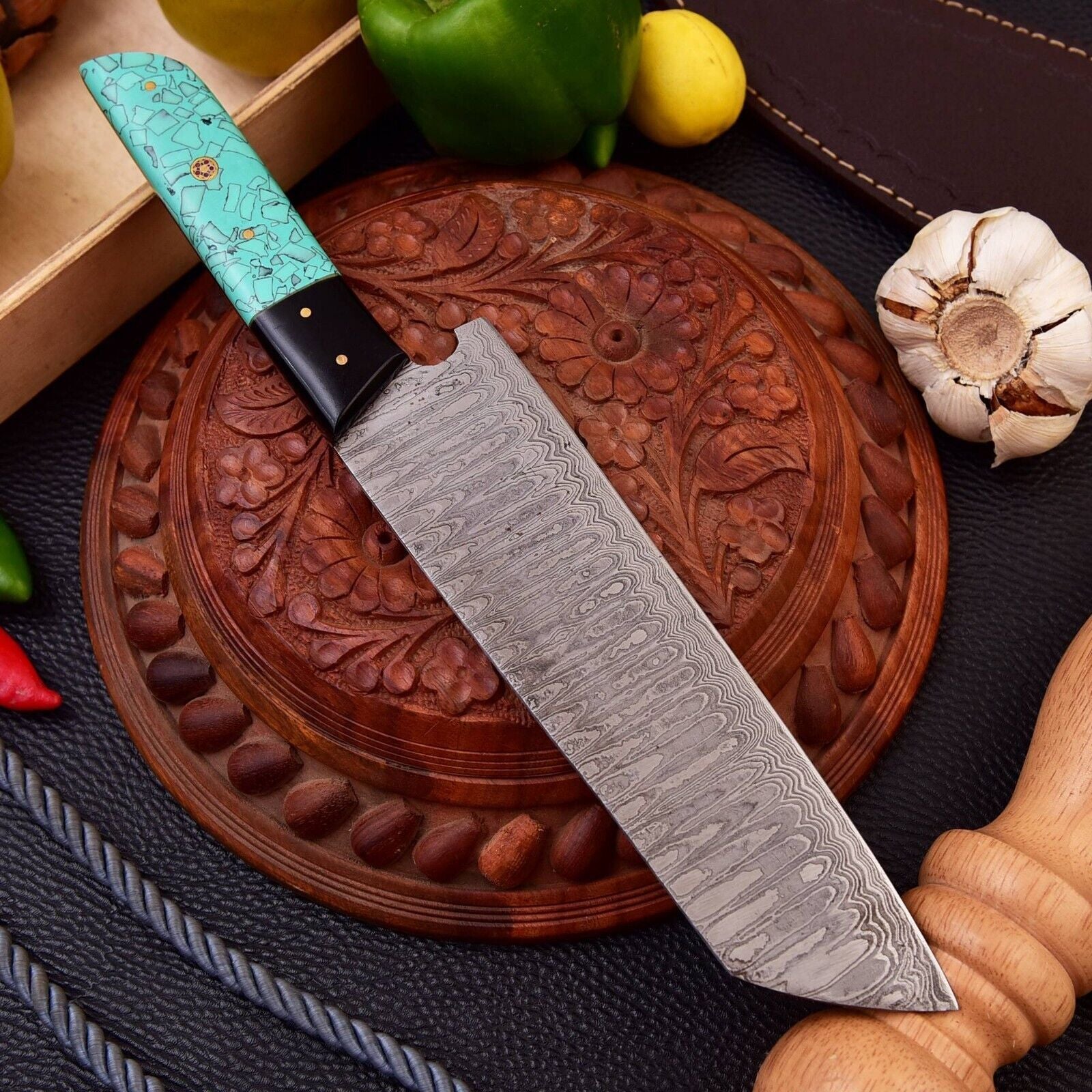 Custom Damascus Kitchen Knife  Resin Handle  Collector Design 1