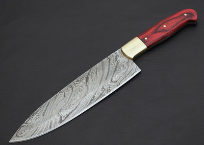 12 Custom Handmade Damascus Steel Chef Hunting Knife With Colored Wood Handle  Leather Sheath 1