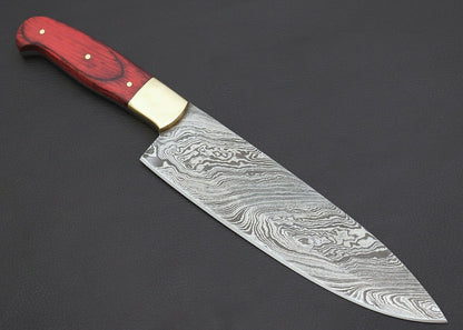 12 Custom Handmade Damascus Steel Chef Hunting Knife With Colored Wood Handle  Leather Sheath 2