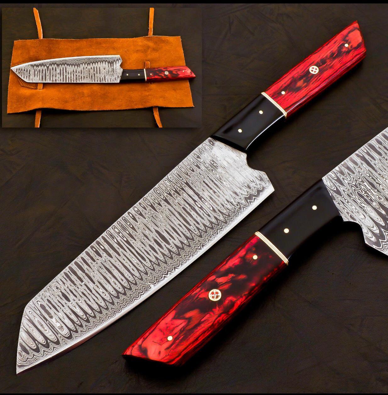 Custom Forged Damascus Steel Hunting & Chef Knife with Leather Sheath