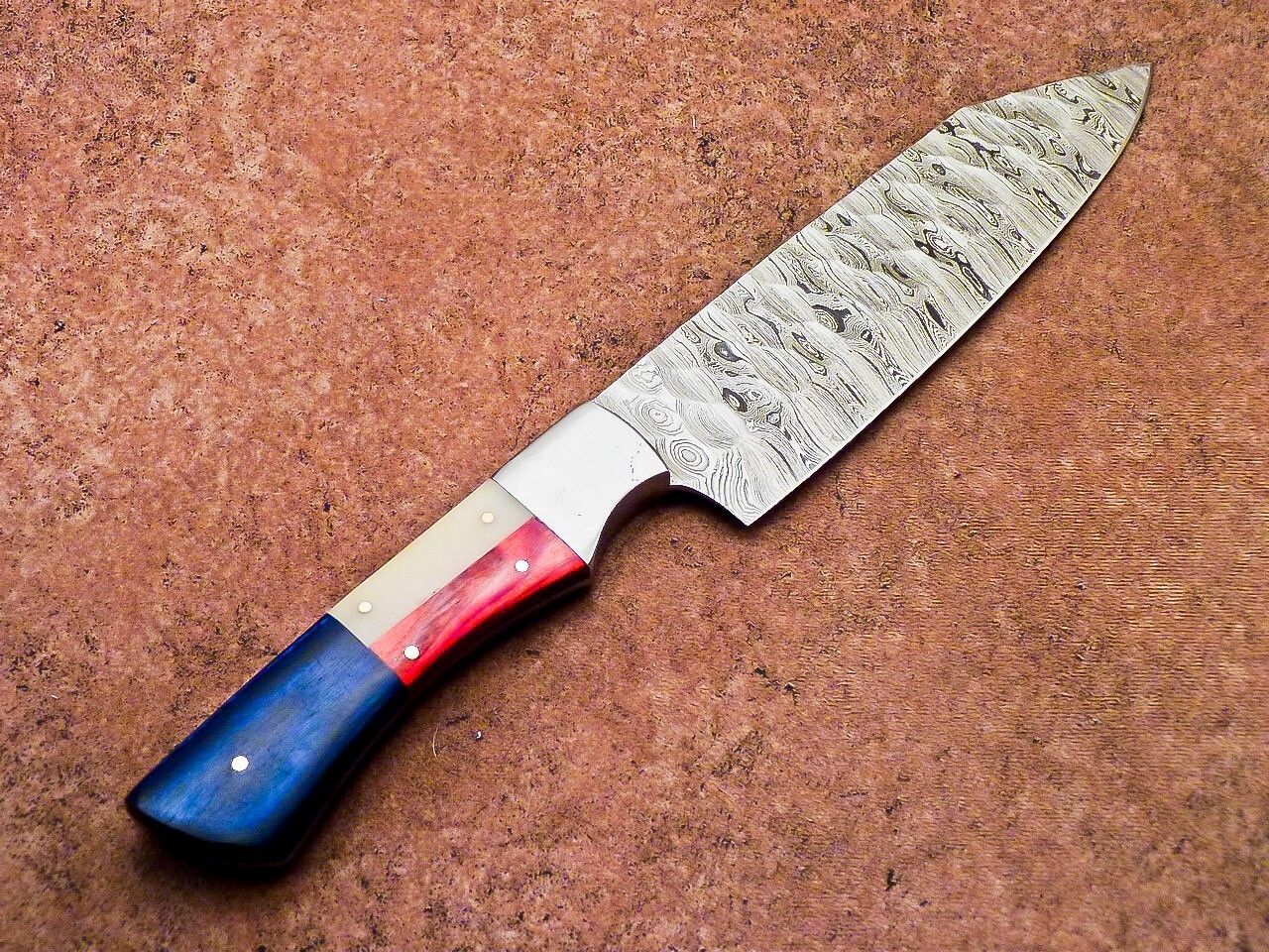 Custom Damascus Steel Cooking Knife  Brass Bolster  Wood Handle 2