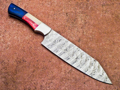 Custom Damascus Steel Cooking Knife  Brass Bolster  Wood Handle 3