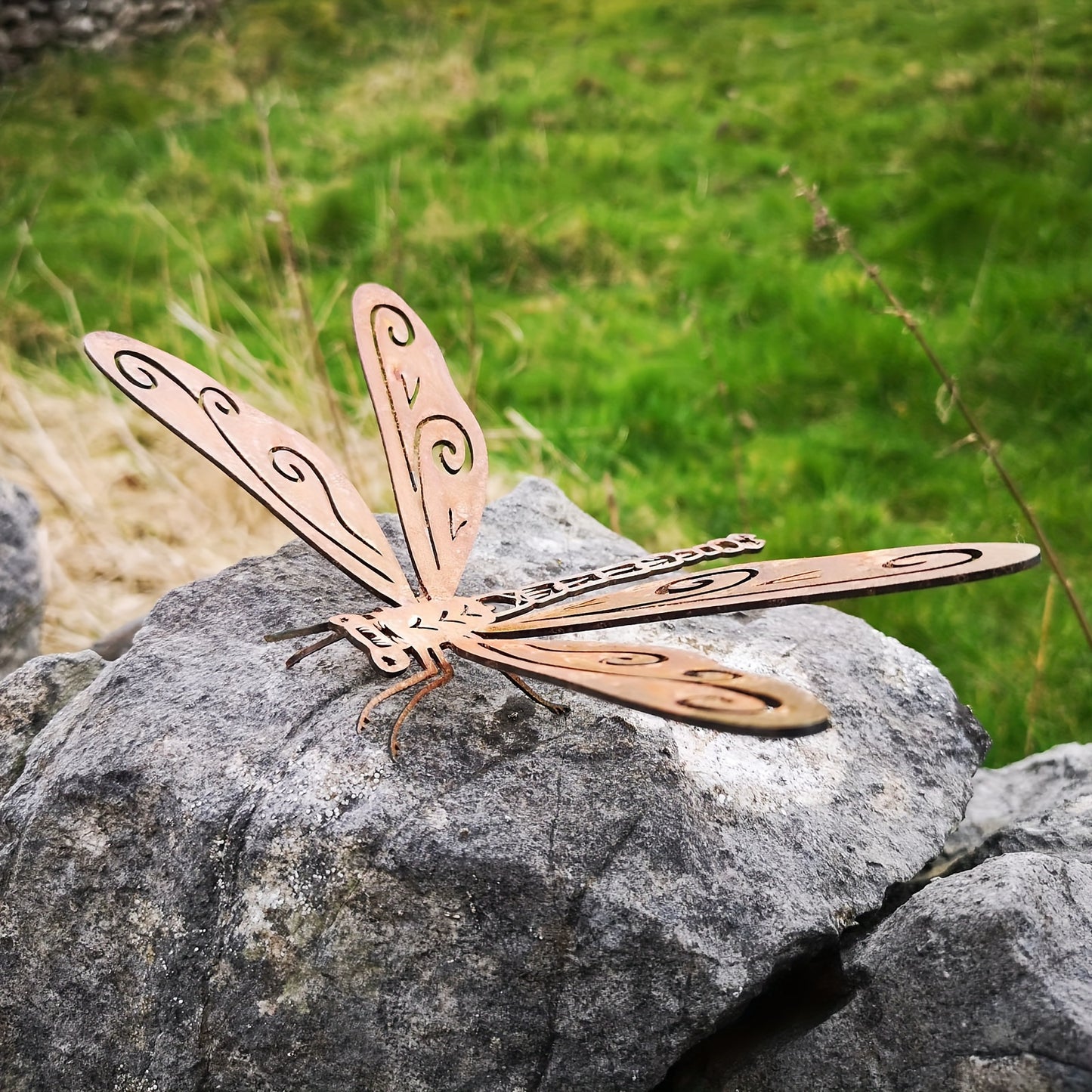 Rustic Metal Dragonfly Sculpture, Natural Rust Outdoor Garden Decor, Handmade Insect Ornament