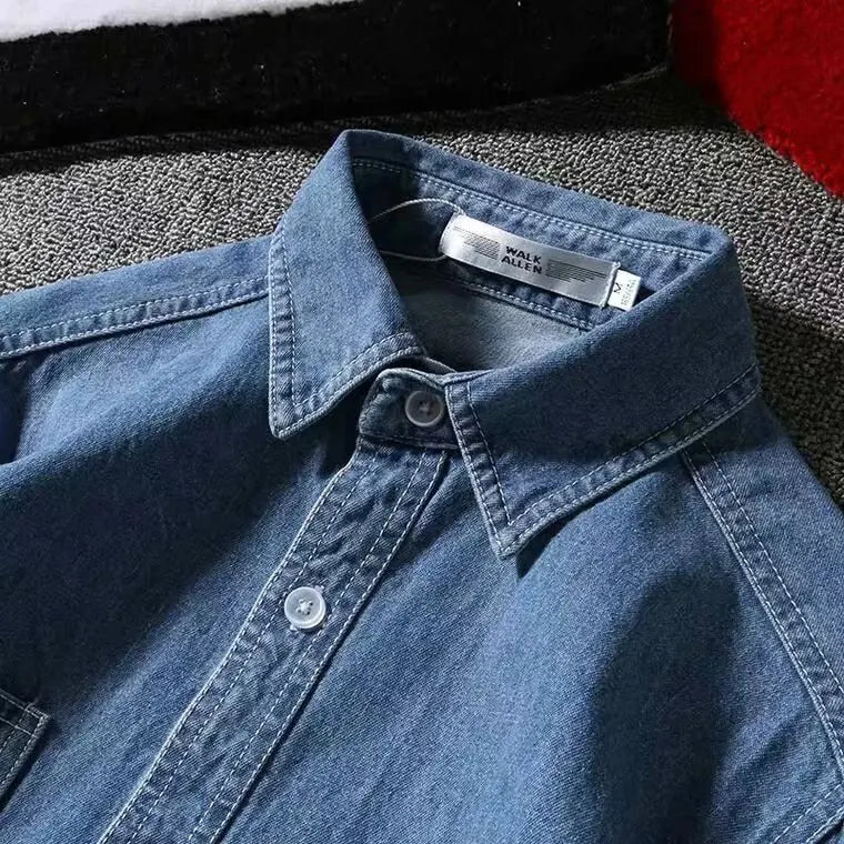 Vintage Denim Shirt for Men, Long Sleeve Loose Fit, Casual Jacket, Distressed Workwear Top