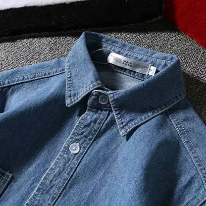 Vintage Denim Shirt for Men, Long Sleeve Loose Fit, Casual Jacket, Distressed Workwear Top