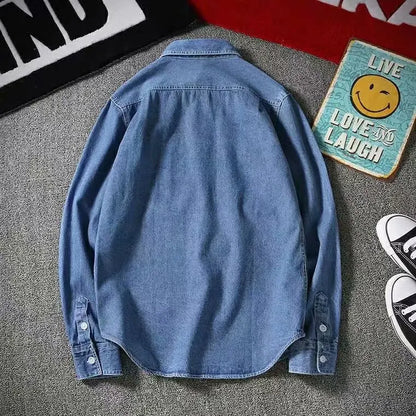 Vintage Denim Shirt for Men, Long Sleeve Loose Fit, Casual Jacket, Distressed Workwear Top