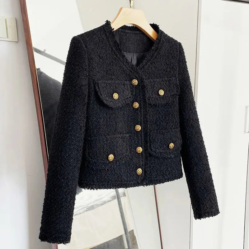 Elegant Socialite Jacket, Blacktweed Style Cropped Blazer, New Spring Autumn Thin Long Sleeve Top