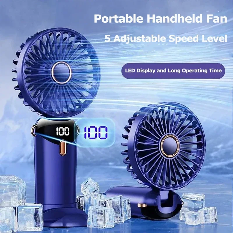 Foldable Portable Desk Fan, Handheld Mini Fan, 5 Speed USB Rechargeable, Outdoor Neck Hanging Fan with Phone Stand Displ