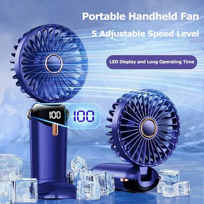 Foldable Portable Desk Fan, Handheld Mini Fan, 5 Speed USB Rechargeable, Outdoor Neck Hanging Fan with Phone Stand Displ