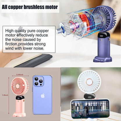 Foldable Portable Desk Fan Handheld Mini Fan 5 Speed USB Rechargeable Outdoor Neck Hanging Fan With 2