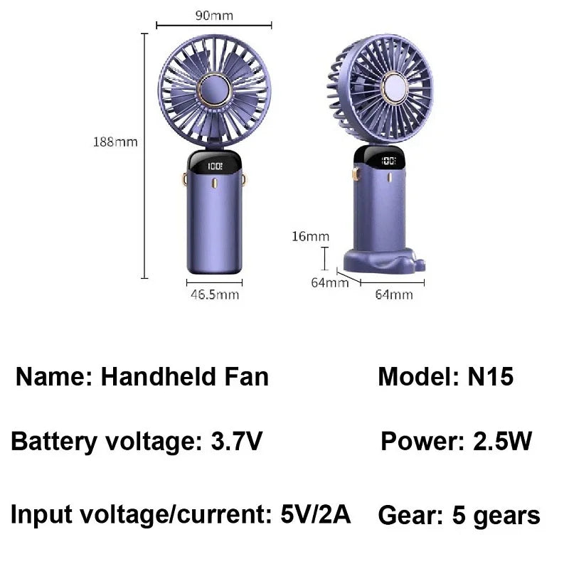 Foldable Portable Desk Fan Handheld Mini Fan 5 Speed USB Rechargeable Outdoor Neck Hanging Fan With 5