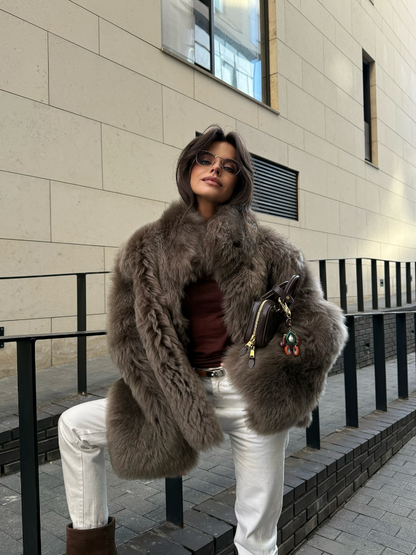 Chic Women's Furry Coat, Loose Fit with Stand Up Collar, Thick Warm Winter Outerwear, Solid Color Fashion