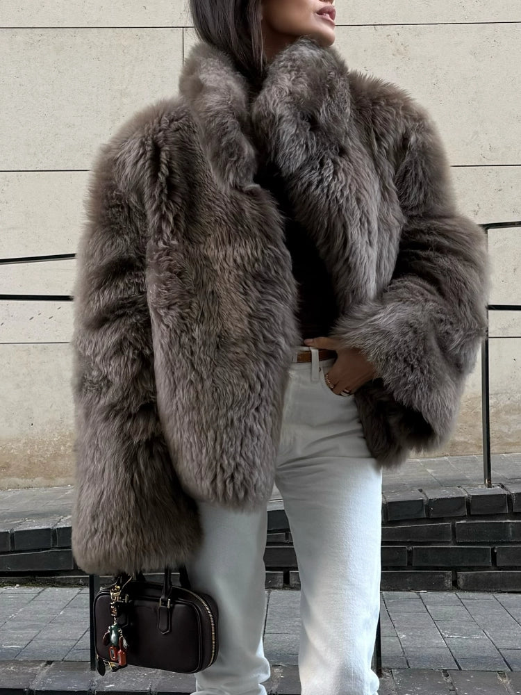 Chic Women's Furry Coat, Loose Fit with Stand Up Collar, Thick Warm Winter Outerwear, Solid Color Fashion