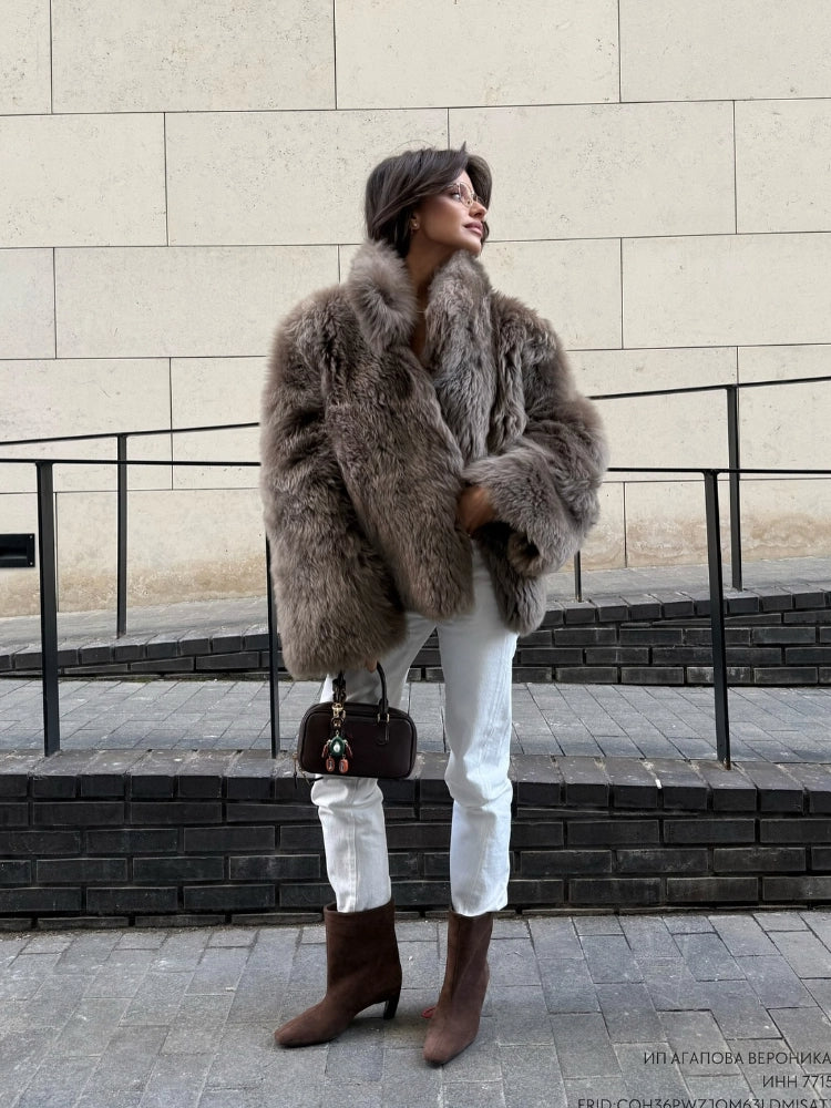Chic Women's Furry Coat, Loose Fit with Stand Up Collar, Thick Warm Winter Outerwear, Solid Color Fashion