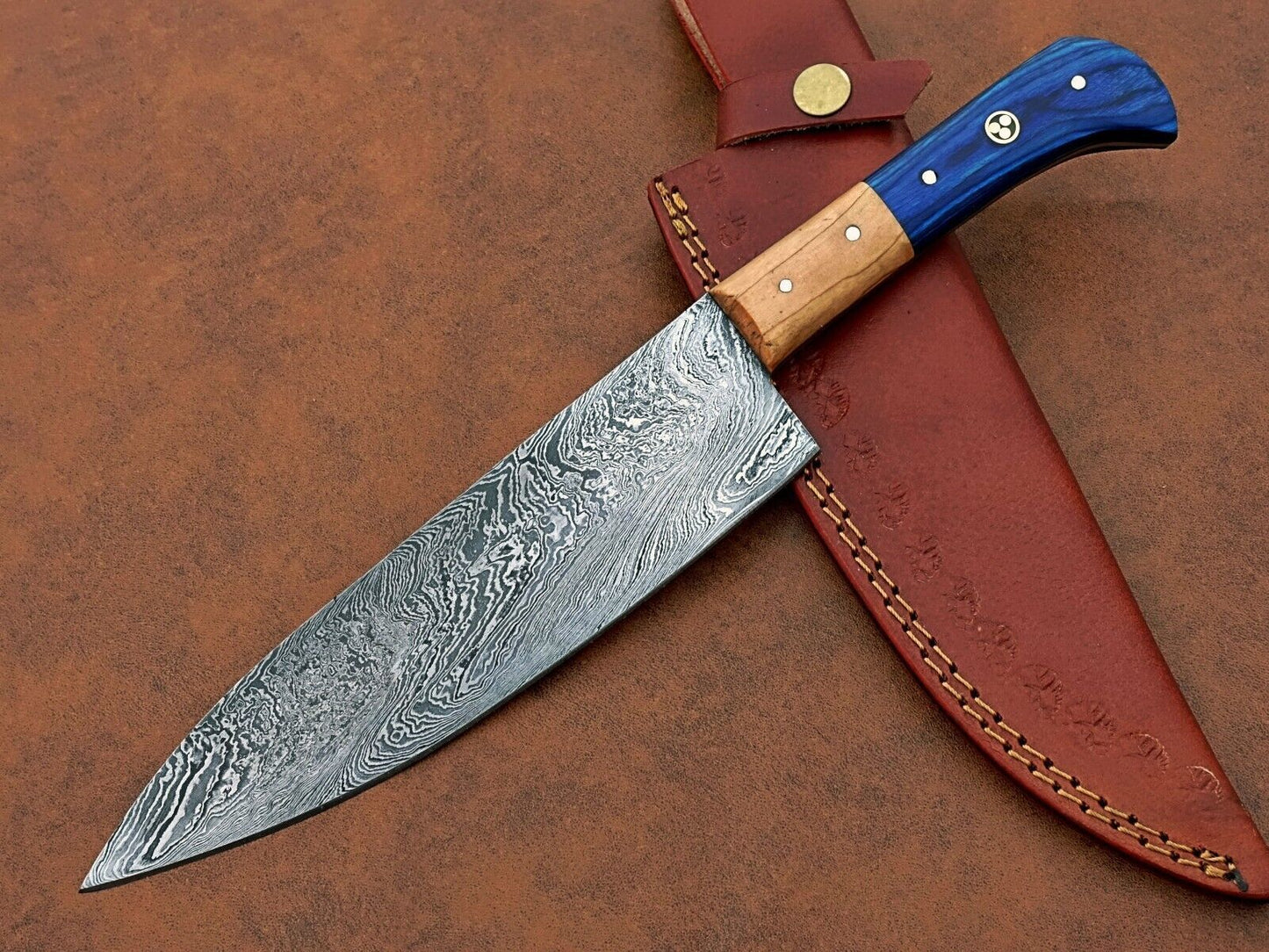 Custom Forged Damascus Chef Knife – 12" Kitchen Knife with Leather Sheath
