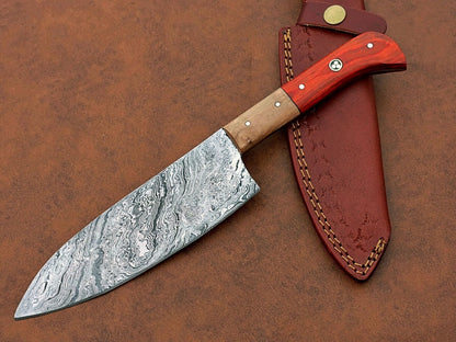 Professional Handmade Damascus Chef Knife – Sharp Blade with Elegant Wooden Handle
