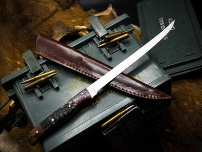 Handmade J2 Steel Chef Fillet Knife  Kitchen Knife With Ram Horn Handle  Cow Leather Sheath 1