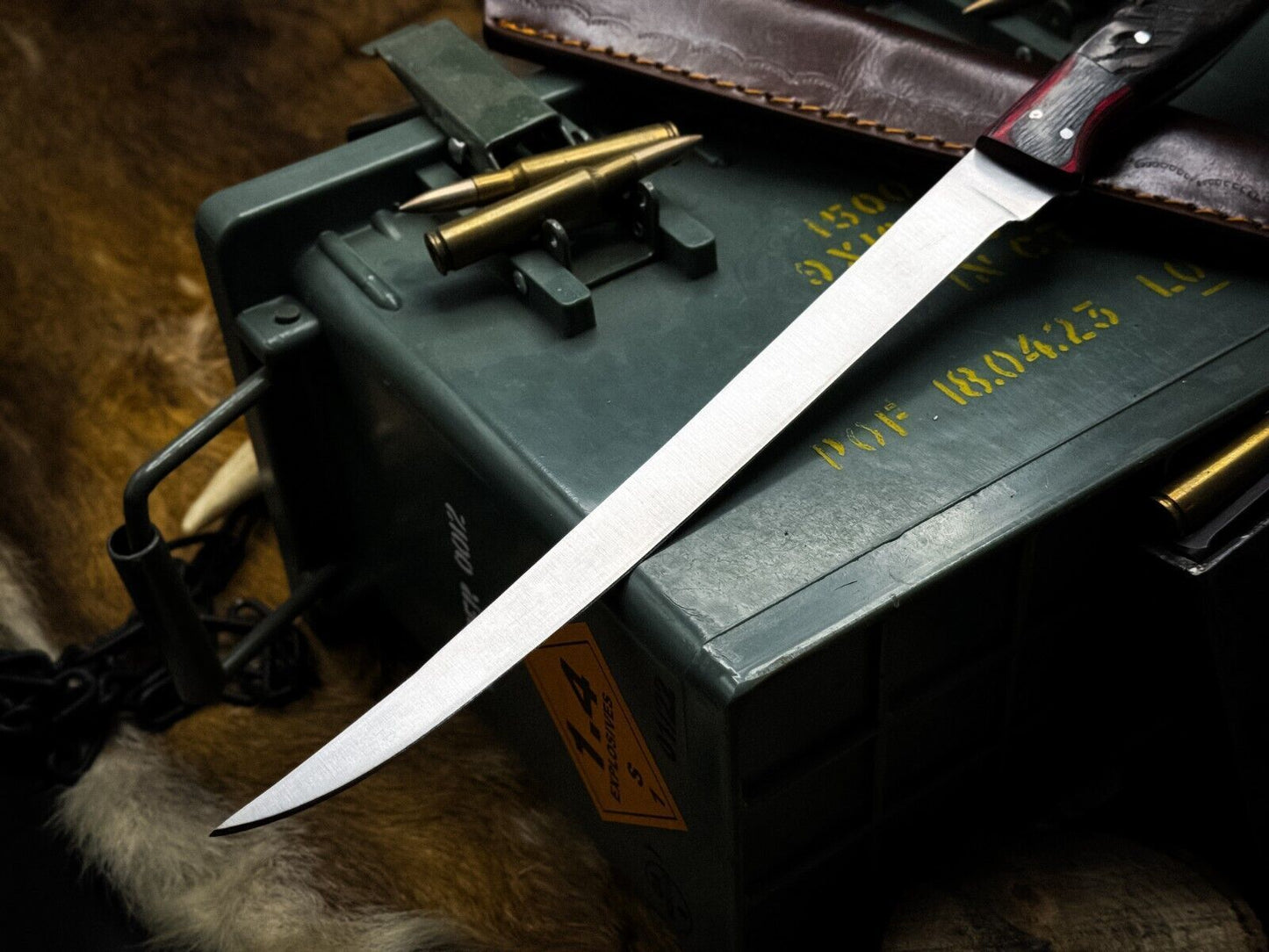 Handmade J2 Steel Chef Fillet Knife  Kitchen Knife With Ram Horn Handle  Cow Leather Sheath 3