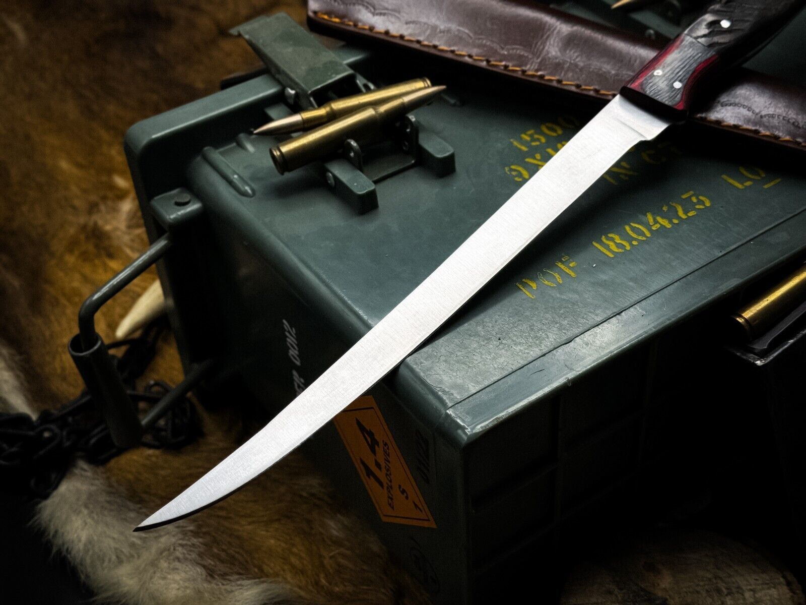 Handmade J2 Steel Chef Fillet Knife  Kitchen Knife With Ram Horn Handle  Cow Leather Sheath 3